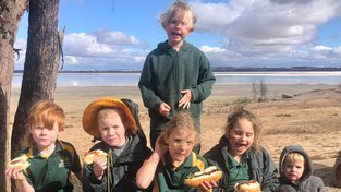 Woodanilling Primary School students Chase De La Pair, 6, Juliet Head, Lydia Wise, both 7, Eva Wise 5, Camille Moulden, 7, and Hunter Wise, 3, enjoying their first Bush Day led by Wuddi Aboriginal Cultural Tours at Lake Dumbleyung. 