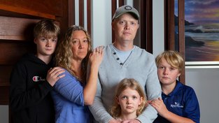 Matthew Petch pictured at home with Helen and their children Oliver (13), Finlay (11), Amelia (8), in Kalamunda, Perth. . 