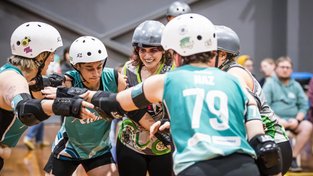 Players from the Great Southern Breakers and the Dread Pirate Rollers get ready to rumble. 